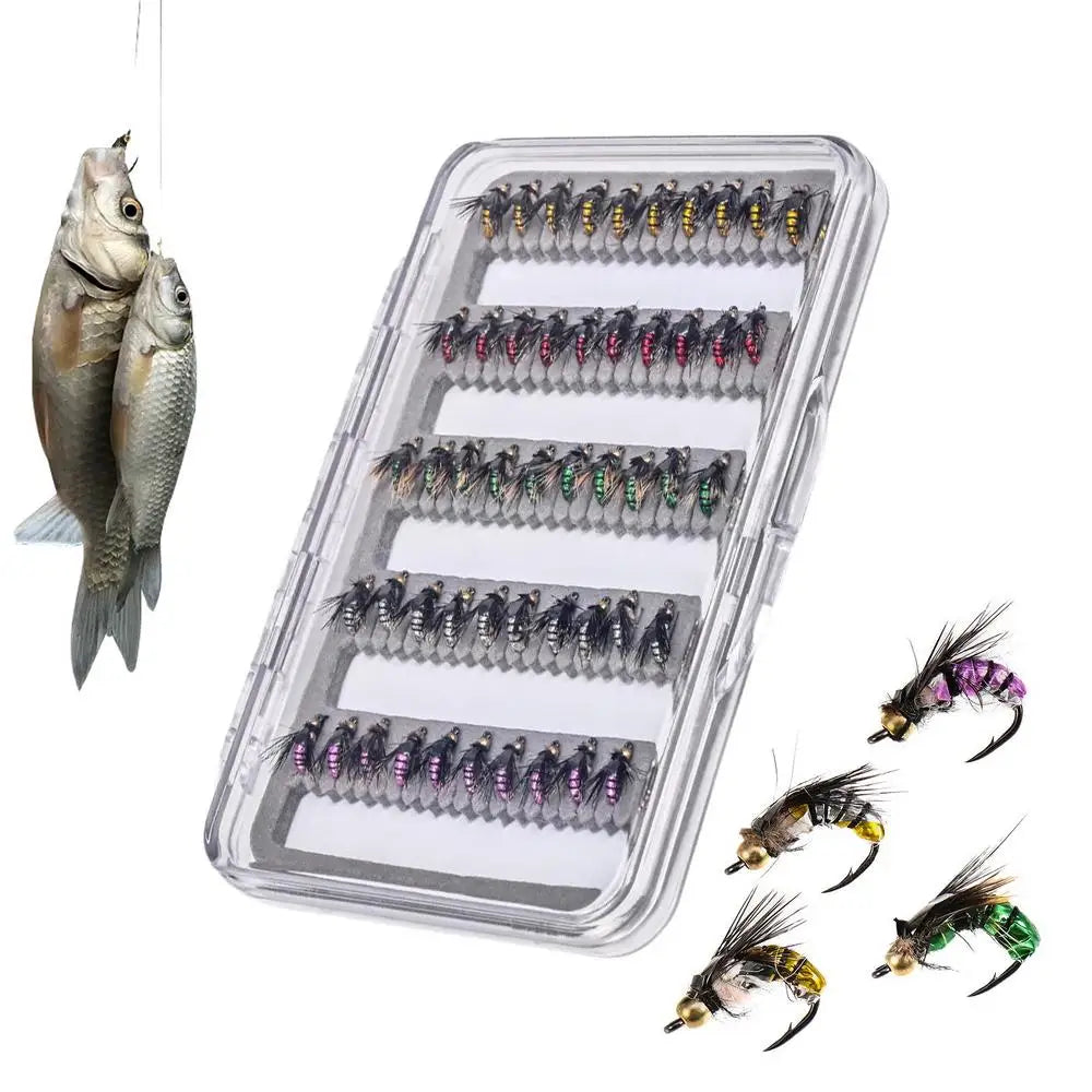 Fly Fishing Lure Kit 50X Artificial Fishing Baits With Storage Box Portable Fly Hook For Bass Trout Walleye Casual Activity Gear