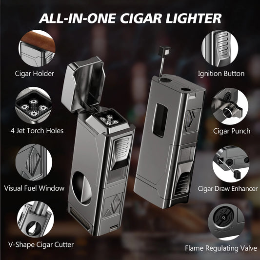 Cigar Lighter 4 Jet Flame Cigar Cutter Cigar Windproof Butane
