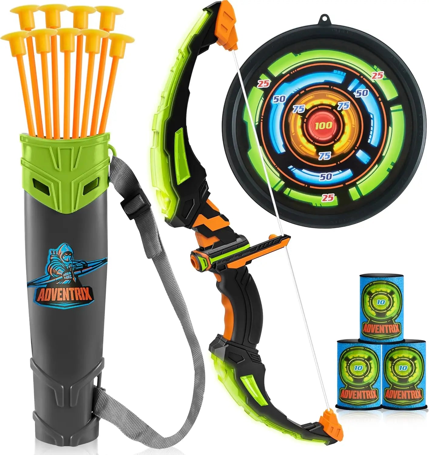 Kids Bow and Arrow Set LED Light Up Archery Toy With 9 Suction Cup Arrows Target for Kid Ages 6-12