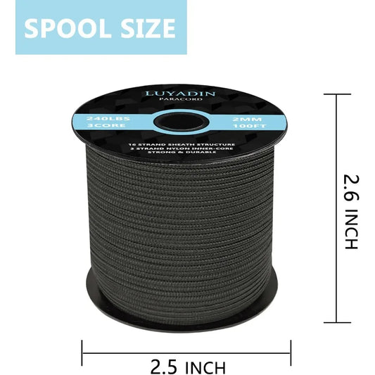 Paracord 240lb, 2mm Micro Utility Cord 3 Strand Parachute Spool Cord 100ft