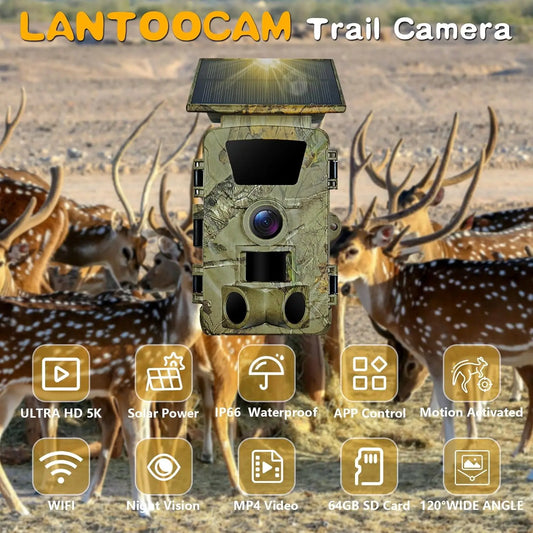 Solar Trail Camera 5K WiFi Game Camera with 5200mAh Battery, IP66 Waterproof, 120° Wide Angle Night Vision, 64GB SD Card,