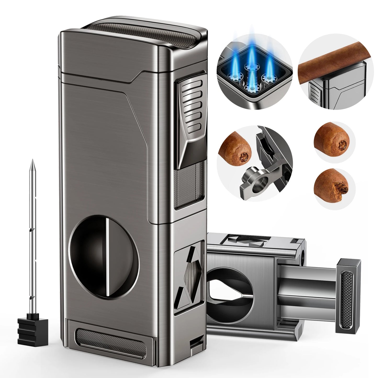 Cigar Lighter 4 Jet Flame Cigar Cutter Cigar Windproof Butane