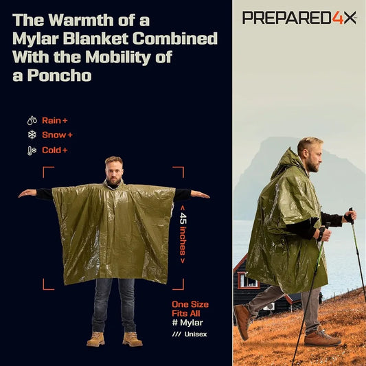 Emergency Poncho and Mylar Blanket Liner Waterproof Wind Resistant Compact Survival
