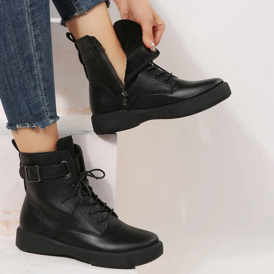 Women's Fashionable Versatile Ankle Boots British Retro Belt Plus Velvet Short Sued Lace Up Flat Shoes
