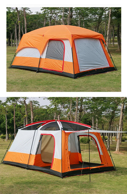 4/8/12-person outdoor family camping tent with a removable awning;  multiple mesh windows provide ventilation ; windproof, waterproof, and UV-resistant; suitable for all seasons