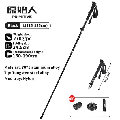 PRIMITIVE Walking Stick 3 Sections Foldable Ultralight Aluminum Alloy Hiking Pole Quick Open Outdoor Travel Hiking Trekking Pole