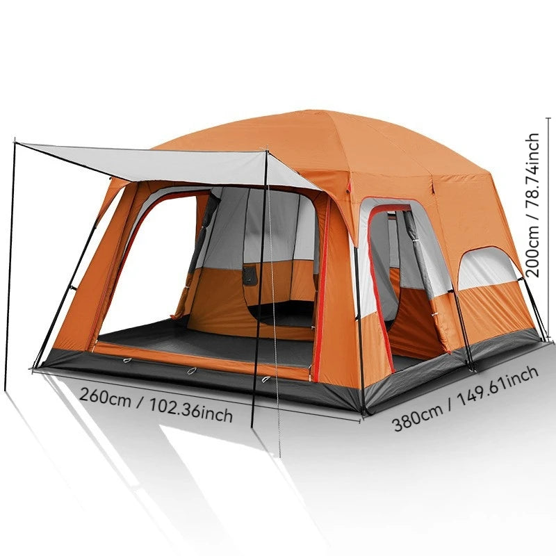 4/8/12-person outdoor family camping tent with a removable awning;  multiple mesh windows provide ventilation ; windproof, waterproof, and UV-resistant; suitable for all seasons