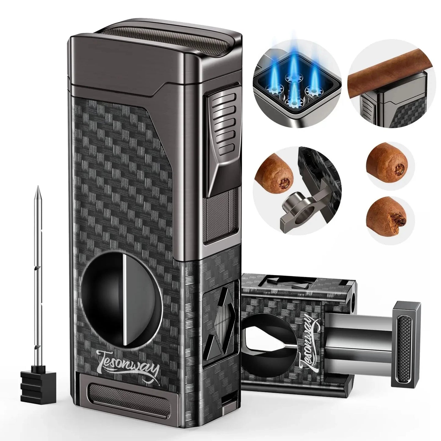 Cigar Lighter 4 Jet Flame Cigar Cutter Cigar  Windproof Butane