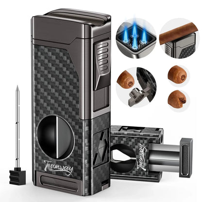 Cigar Lighter 4 Jet Flame Cigar Cutter Cigar  Windproof Butane