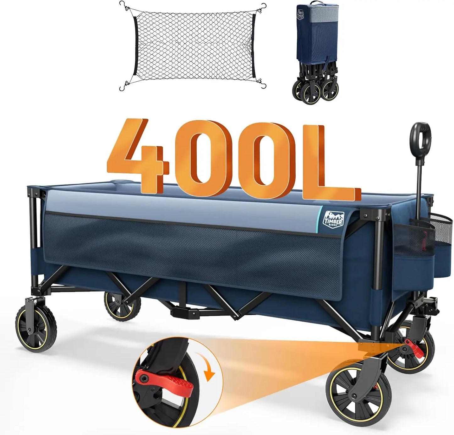 51.2'' Extended Collapsible Wagon Cart with Brakes and Cargo Net 350LBS  with Adjustable Handle