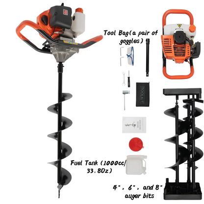52cc 1460w Electric Post Hole Digger Earth Auger Garden Auger Spiral Earth Drill Bit Auger Drill Bit with 4", 6", 8" FC610g/Kw.H
