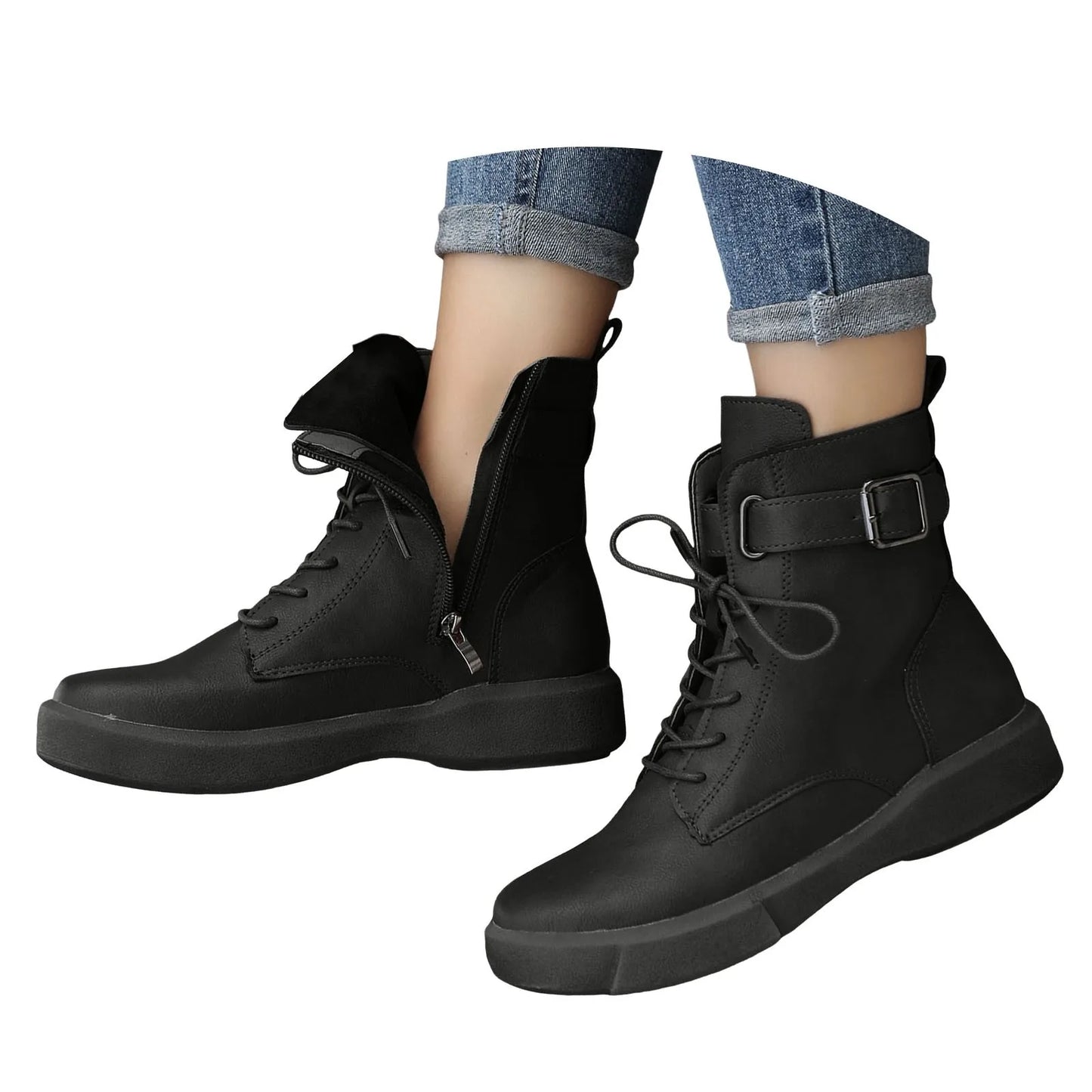 Women's Fashionable Versatile Ankle Boots British Retro Belt Plus Velvet Short Sued  Lace Up Flat Shoes