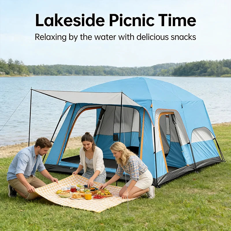 4/8/12-person outdoor family camping tent with a removable awning;  multiple mesh windows provide ventilation ; windproof, waterproof, and UV-resistant; suitable for all seasons