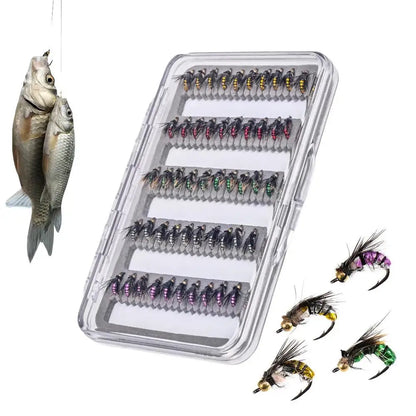 Fly Fishing Lure Kit 50X Artificial Fishing Baits With Storage Box Portable Fly Hook For Bass Trout Walleye Casual Activity Gear