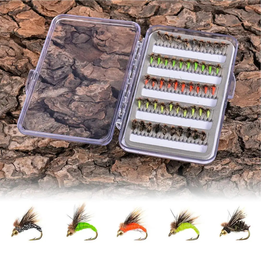 Fly Fishing Lure Kit 50X Artificial Fishing Baits With Storage Box Portable Fly Hook For Bass Trout Walleye Casual Activity Gear