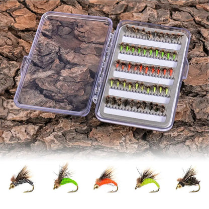 Fly Fishing Lure Kit 50X Artificial Fishing Baits With Storage Box Portable Fly Hook For Bass Trout Walleye Casual Activity Gear