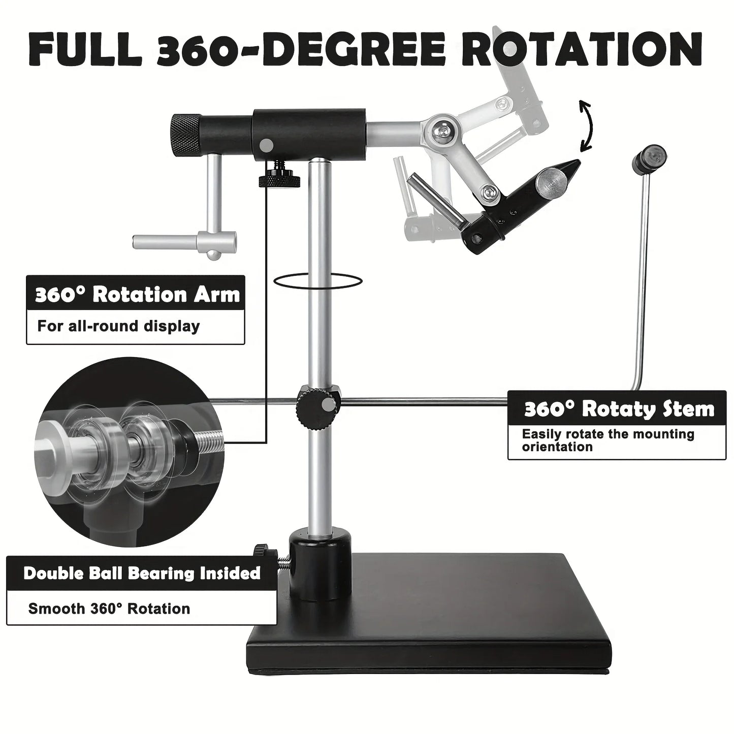360° Rotatable Fly Tying Vise with Sturdy Base, Adjustable Aluminum Fly Tying Tool with Carbon Steel Jaws Precision Hook Holding