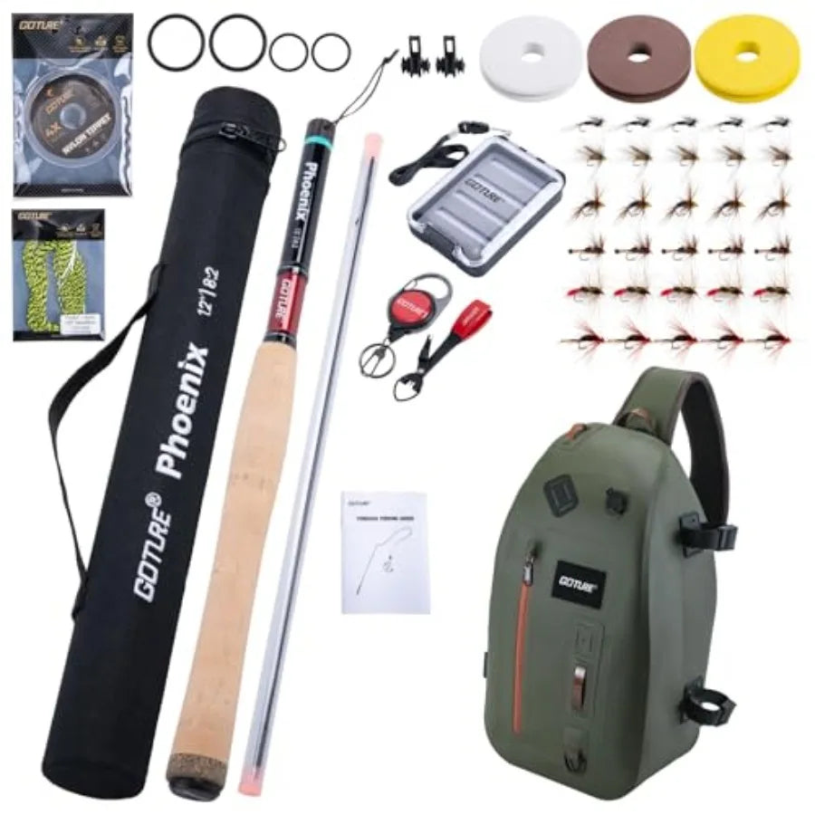 12Feet Rod Combo 24T 30T Carbon Fiber Backpacking Fly Fishing Kit with 30 Flies Tippet and Storage Bag