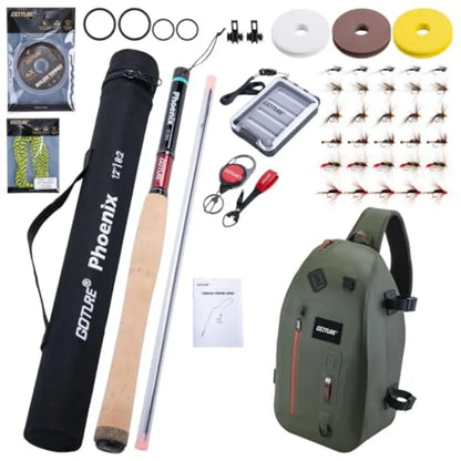 12Feet Rod Combo 24T 30T Carbon Fiber Backpacking Fly Fishing Kit with 30 Flies Tippet and Storage Bag