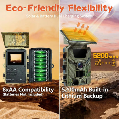 Solar Trail Camera 5K WiFi Game Camera with 5200mAh Battery, IP66 Waterproof, 120° Wide Angle Night Vision, 64GB SD Card,