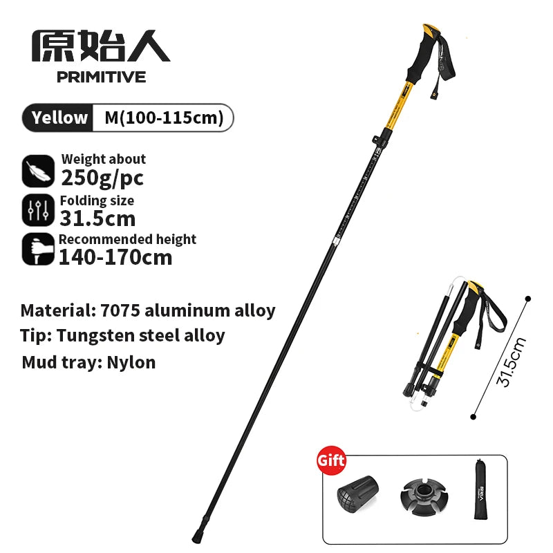 PRIMITIVE Walking Stick 3 Sections Foldable Ultralight Aluminum Alloy Hiking Pole Quick Open Outdoor Travel Hiking Trekking Pole