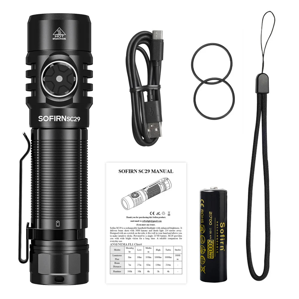 SC29 3000 Lumens EDC Flashlight Rechargeable  XHP50B LED Powerful  21700