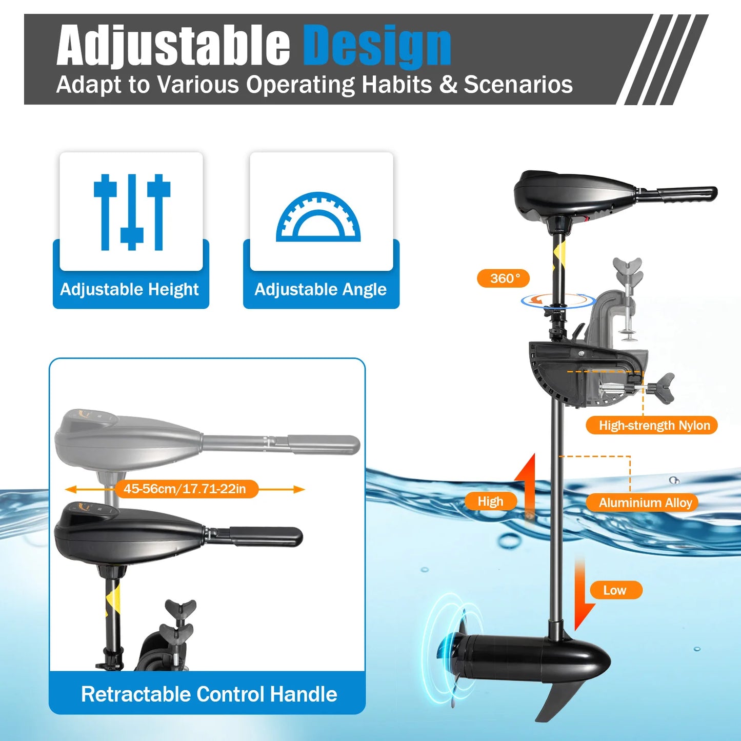 Black Modern Electric trolling motor 5 Forward 3 Reverse Gears 3 Blade Propeller