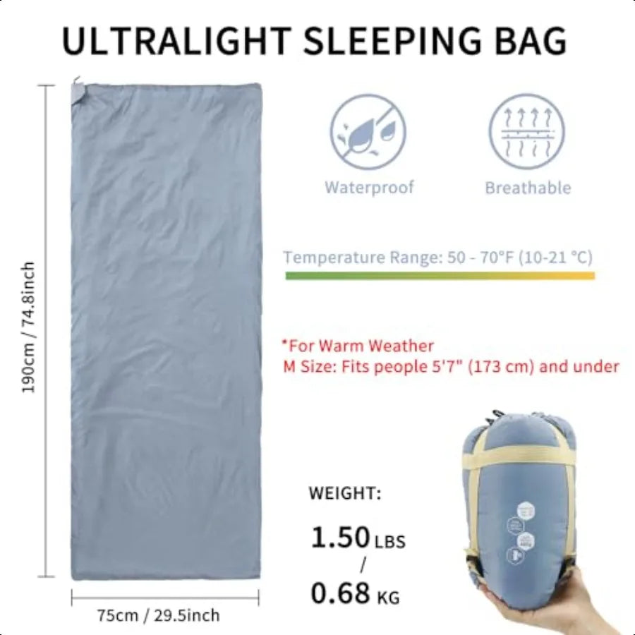 Ultralight Backpacking Sleeping Bag1.5lbs Waterproof 2Way Zipper for Teens Couples