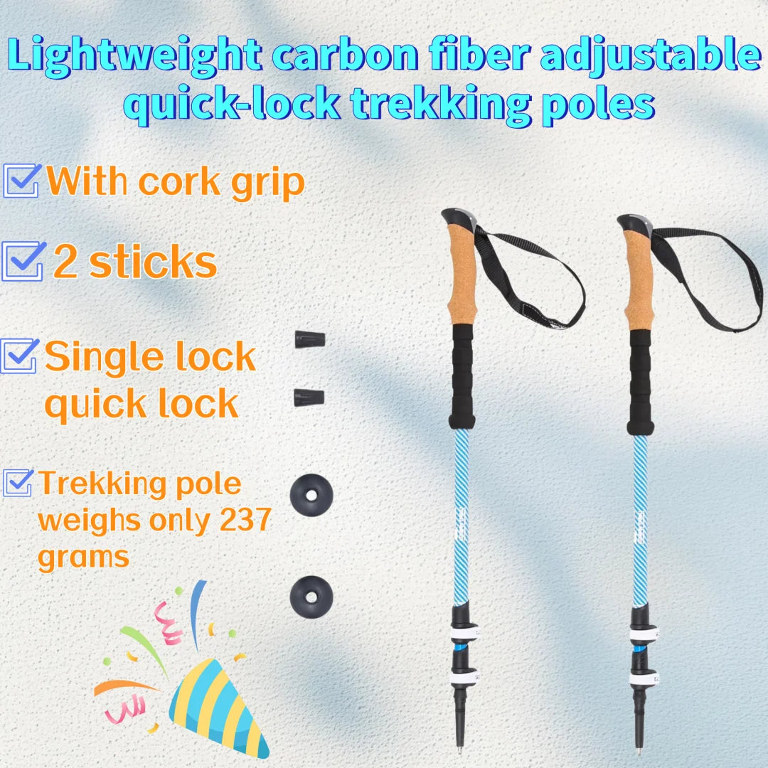 Lightweight Carbon Fiber Trekking Poles Quick Lock Adjustable - 2 Pack with Cork Grip