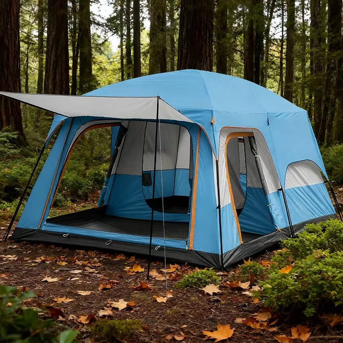 4/8/12-person outdoor family camping tent with a removable awning;  multiple mesh windows provide ventilation ; windproof, waterproof, and UV-resistant; suitable for all seasons
