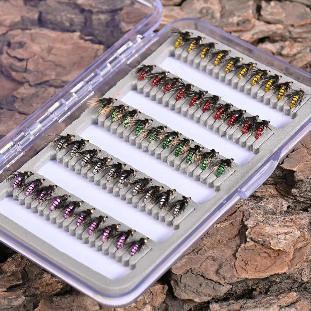 Fly Fishing Lure Kit 50X Artificial Fishing Baits With Storage Box Portable Fly Hook For Bass Trout Walleye Casual Activity Gear