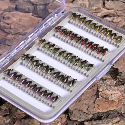 Fly Fishing Lure Kit 50X Artificial Fishing Baits With Storage Box Portable Fly Hook For Bass Trout Walleye Casual Activity Gear