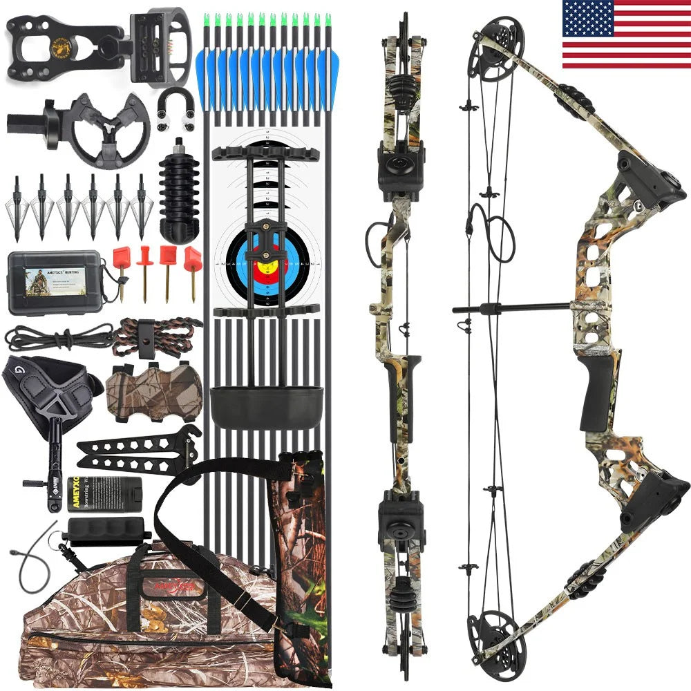 Adjustable Compound Bow Arrow Set with Spine 500 Carbon Arrows 20-70lbs 320FPS High-Strength Alloy Handle RH/LH