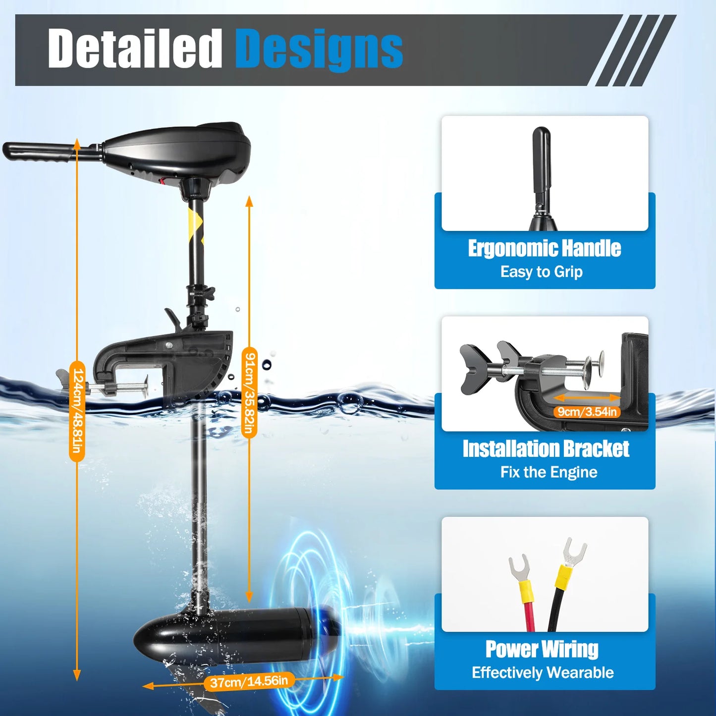 Black Modern Electric trolling motor 5 Forward 3 Reverse Gears 3 Blade Propeller