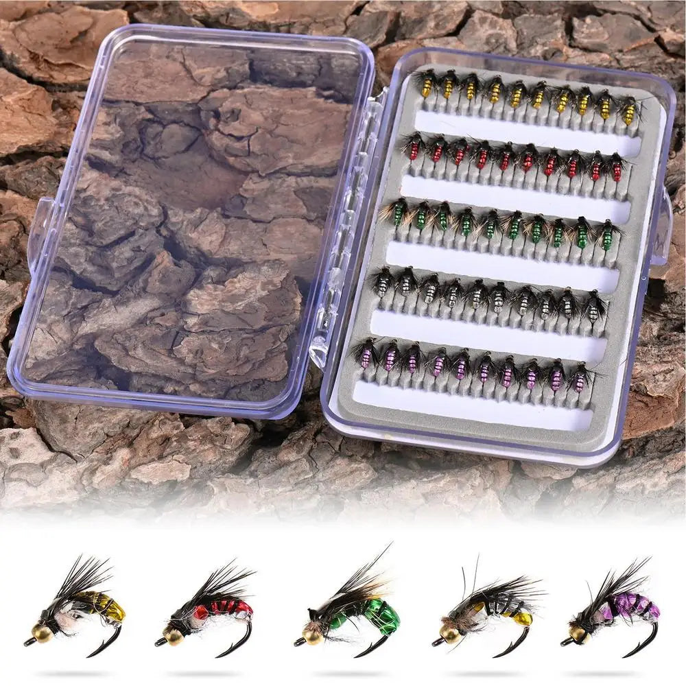 Fly Fishing Lure Kit 50X Artificial Fishing Baits With Storage Box Portable Fly Hook For Bass Trout Walleye Casual Activity Gear