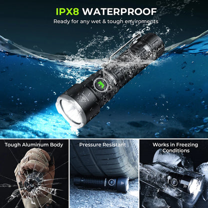 Flashlight 3200 lm Rechargeable 21700 Battery 506m Beam Distance Magnetic Tail Cap Self-Defense Flashlight
