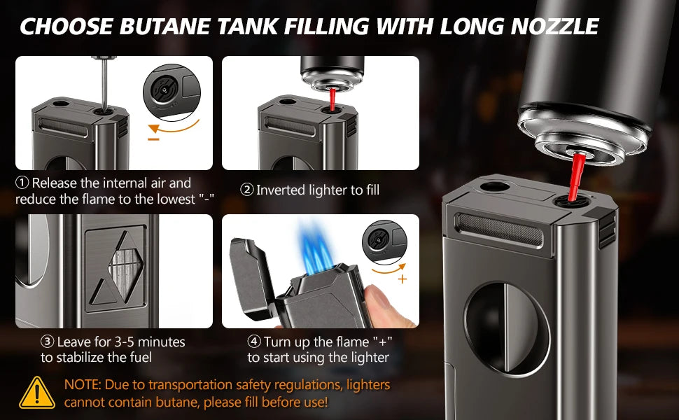 Cigar Lighter 4 Jet Flame Cigar Cutter Cigar  Windproof Butane