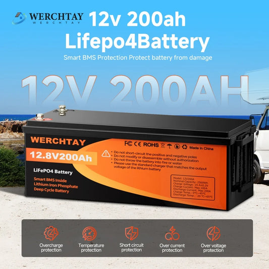 WERCHTAY LiFePO4 12V Battery with BMS 25000 Cycles 100A 200A Lithium Battery