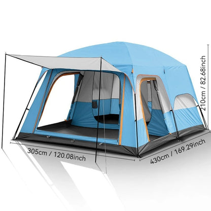 4/8/12-person outdoor family camping tent with a removable awning;  multiple mesh windows provide ventilation ; windproof, waterproof, and UV-resistant; suitable for all seasons