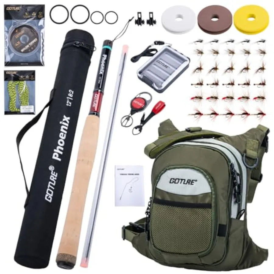 12Feet Rod Combo 24T 30T Carbon Fiber Backpacking Fly Fishing Kit with 30 Flies Tippet and Storage Bag