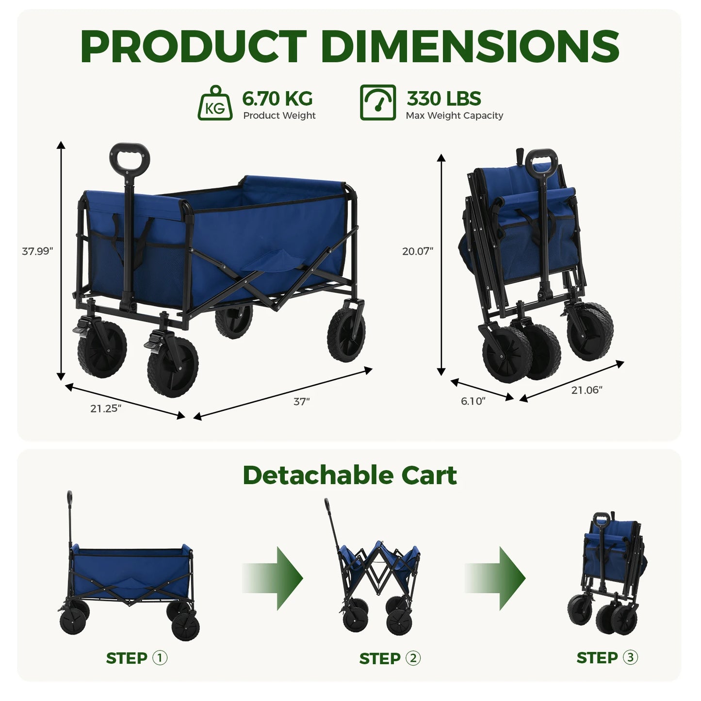 102L Heavy Duty Collapsible Wagon Cart Utility Folding Wagon with Wheels 330 lbs Weight Capacity