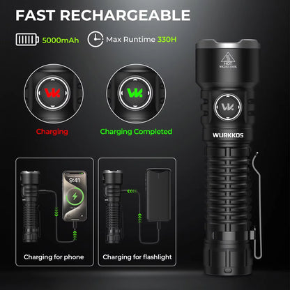 Flashlight 3200 lm Rechargeable 21700 Battery 506m Beam Distance Magnetic Tail Cap Self-Defense Flashlight