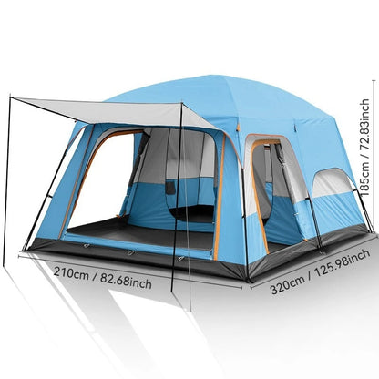 4/8/12-person outdoor family camping tent with a removable awning;  multiple mesh windows provide ventilation ; windproof, waterproof, and UV-resistant; suitable for all seasons
