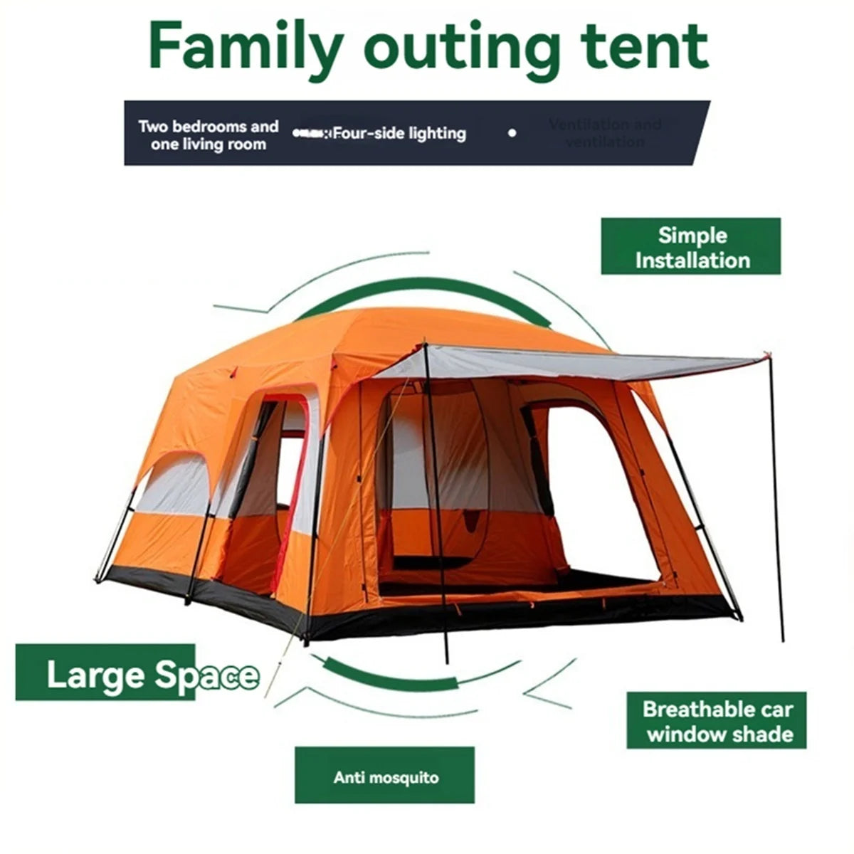 4/8/12-person outdoor family camping tent with a removable awning;  multiple mesh windows provide ventilation ; windproof, waterproof, and UV-resistant; suitable for all seasons