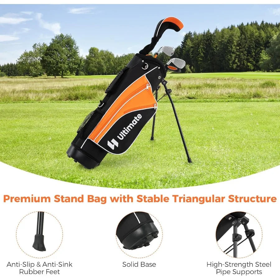 Youth Golf Set for Right Hand Includes 3 Fairway Wood 7 and 9 Irons Putter and Golf Stand Bag