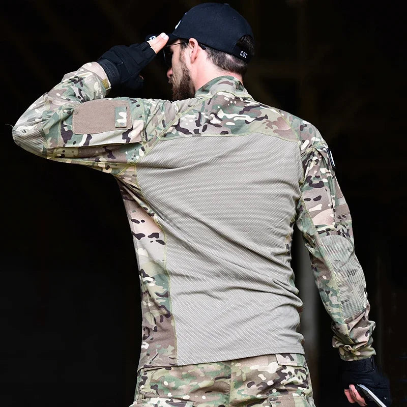 Men's Camouflage Hunting Combat T Shirt Stretch Cotton 1/4 Zipper Uniform Shirts Long Sleeve Camo Shirt