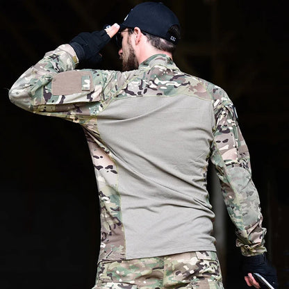 Men's Camouflage Hunting Combat T Shirt Stretch Cotton 1/4 Zipper Uniform Shirts Long Sleeve Camo Shirt