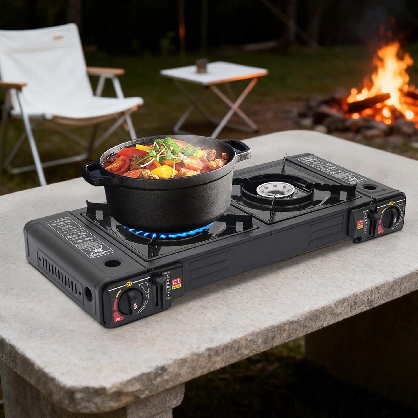 Portable Camping Stove with Storage Case, 2 Burner Outdoor Cooking System