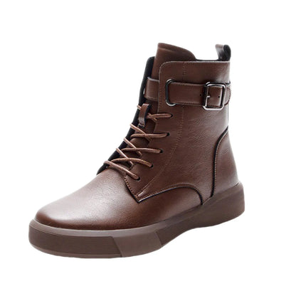 Women's Fashionable Versatile Ankle Boots British Retro Belt Plus Velvet Short Sued  Lace Up Flat Shoes