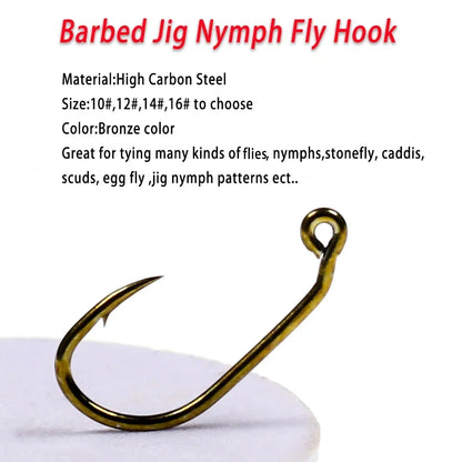 30pcs #10 #12# #14 #16 60°Angle Jig Hook Barbed High Carbon Steel Fly Tying Hook For Wet Euro Nymphs Trout Perch